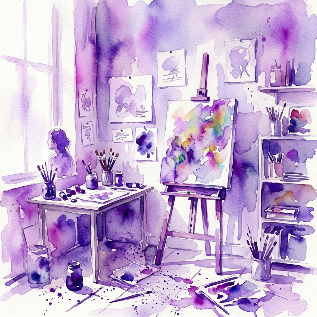 Ilustración en acuarela de un estudio de artista con un caballete, pinturas y material de arte, bañado en tonos morados y lavanda, evocando una atmósfera creativa.