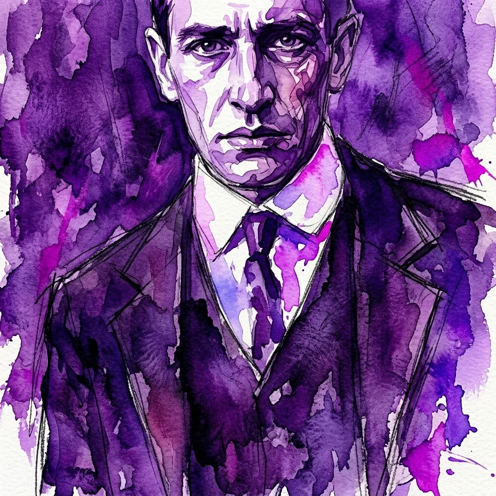 Een dramatisch paars aquat      portret van kunstenaar Klemens Brosch, uitgevoerd in een expressionistische stijl met intense, existentiële thema's.