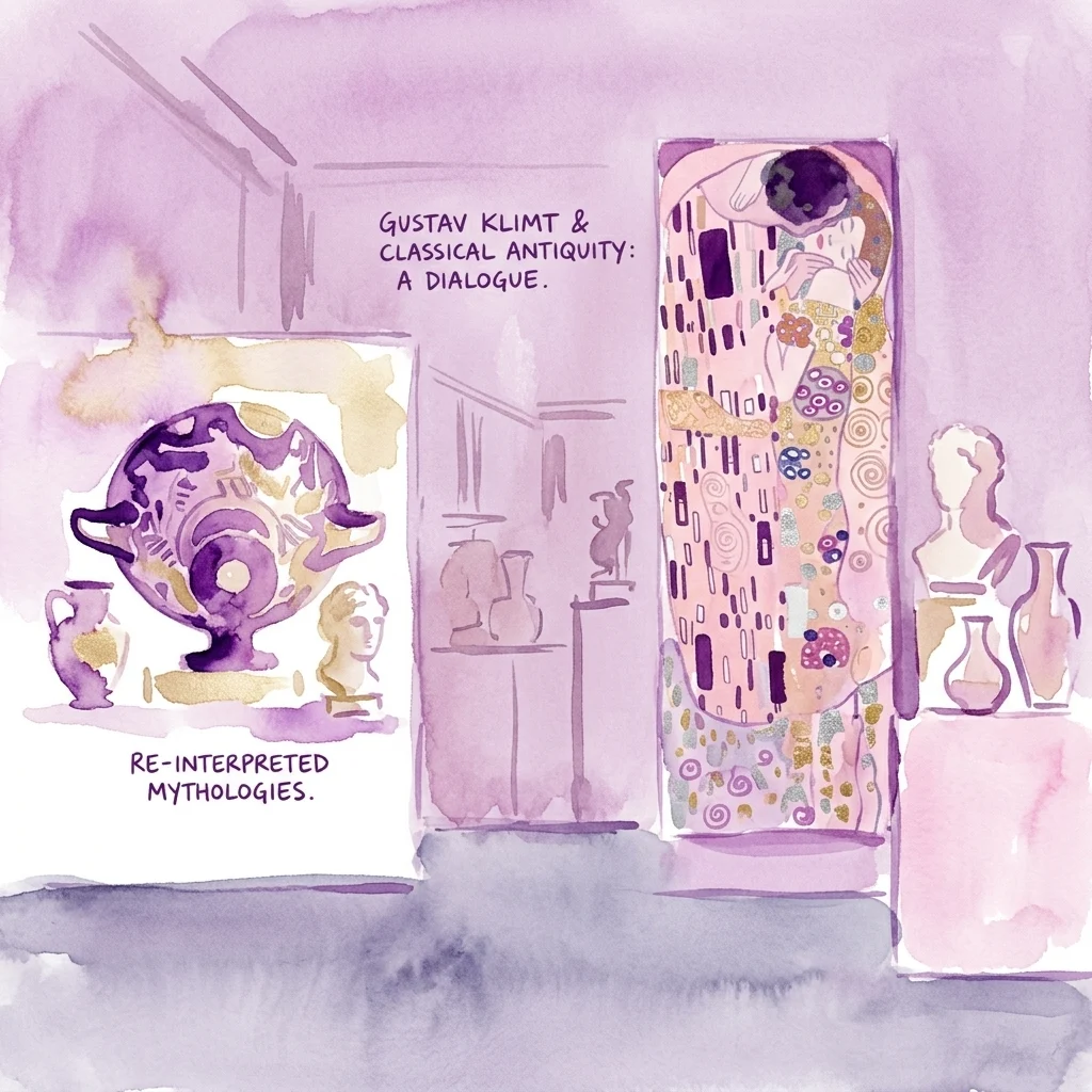 Een aquarelillustratie van de tentoonstelling 'Gustav Klimt & Klassieke Oudheid: Een Dialoog', met Klimt's 'De Kus' naast oude Griekse vazen en sculpturen, die herinterpretaties van mythologieën belicht.