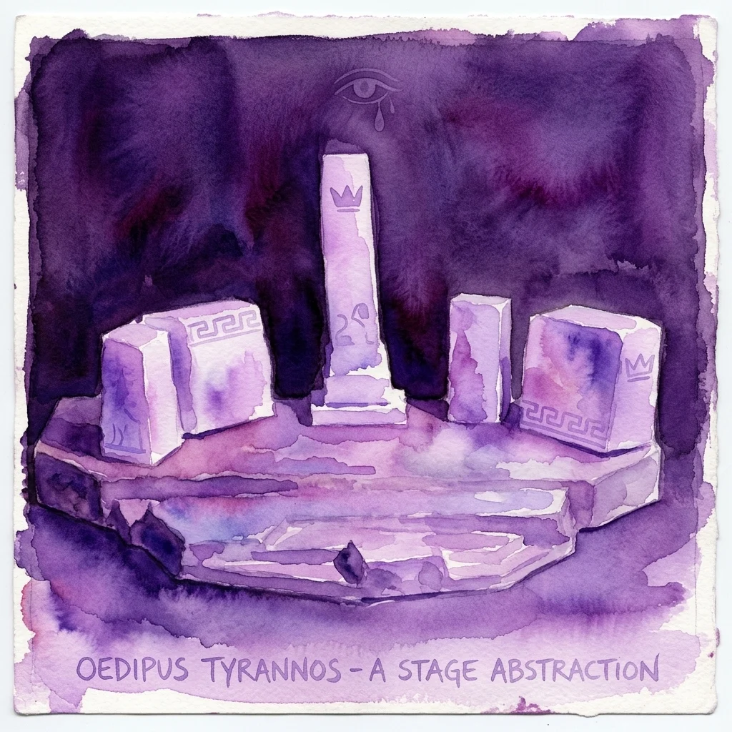 Una ilustración en acuarela de una abstracción de escenario para Edipo Rey de Sófocles, con estructuras geométricas púrpuras y un ojo simbólico, que representa un concepto de diseño teatral.