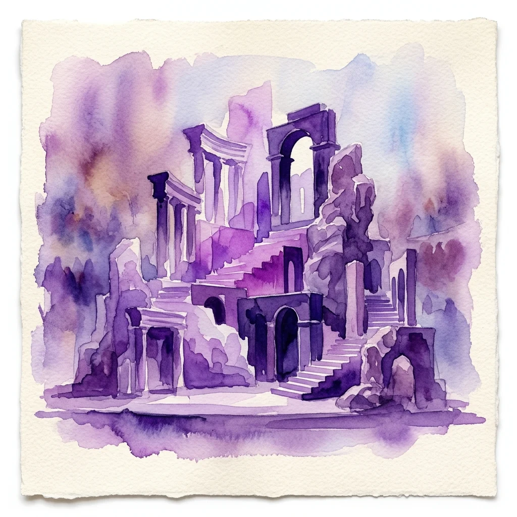 Ilustración en acuarela de un diseño de escenografía teatral con ruinas clásicas, arcos y escalinatas en tonos morados y azules, inspirada en las obras de Sófocles sobre Edipo.