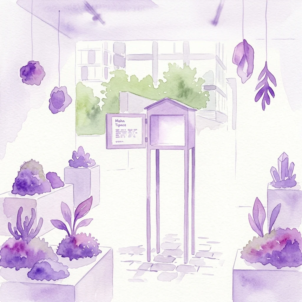 Ilustracja akwarelowa wystawy sztuki prezentującej organiczne formy i elementy naturalne, z instalacjami w odcieniach fioletu i centralną gablotą w nowoczesnej przestrzeni galerii.