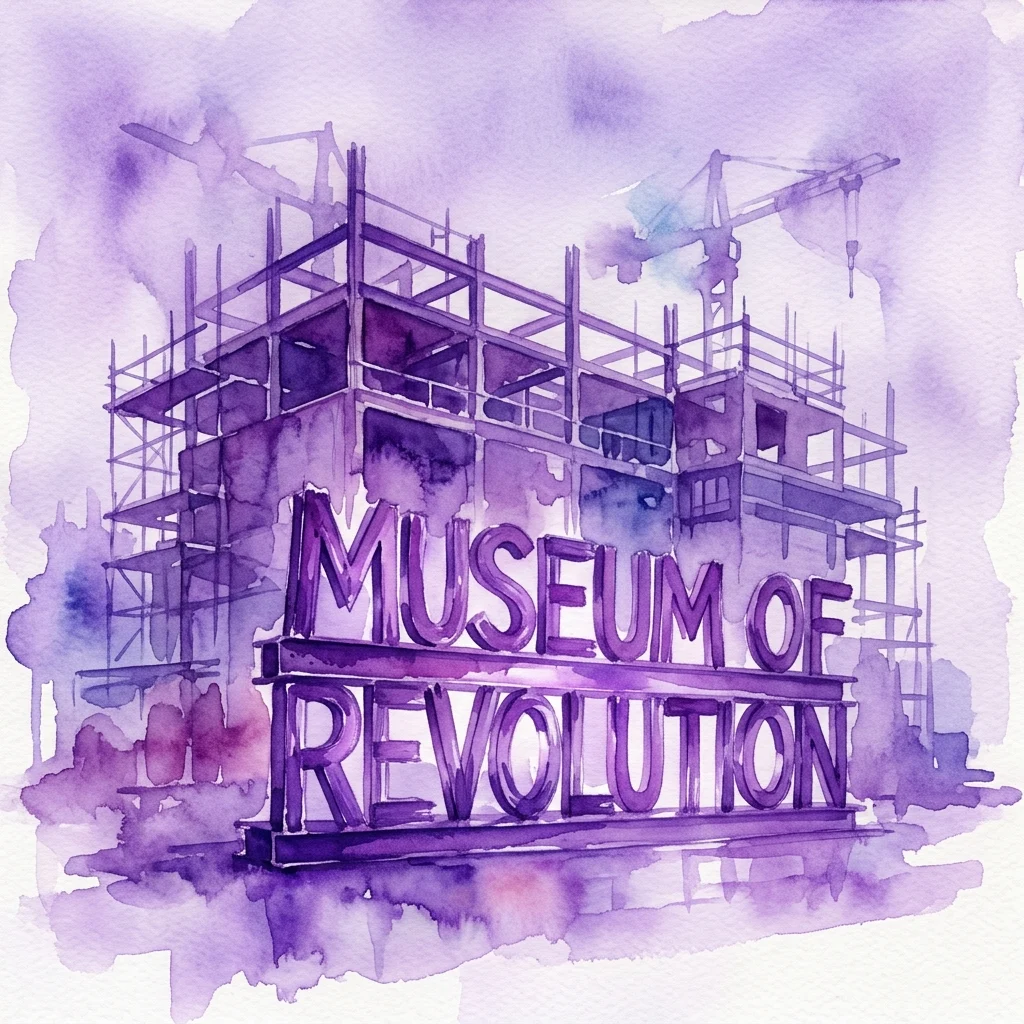 Fioletowa akwarelowa ilustracja stalowej rzeźby z napisem 'Museum of Revolution' przed budynkiem w budowie ze rusztowaniami i dźwigami.