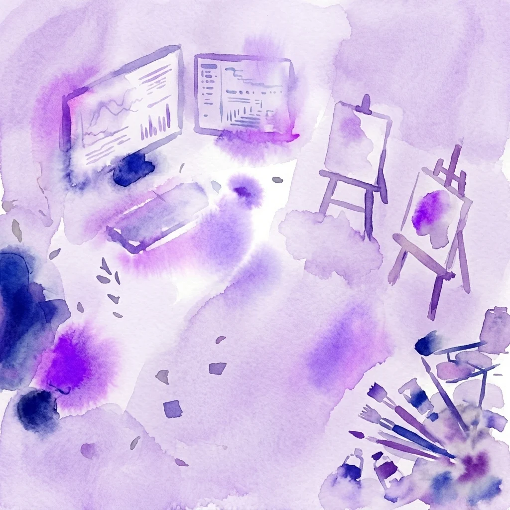 Ilustración en acuarela de un estudio de artista con monitores digitales que muestran gráficos de datos junto con materiales de pintura tradicionales, lienzos y caballetes, simbolizando la fusión de la tecnología y el arte analógico.