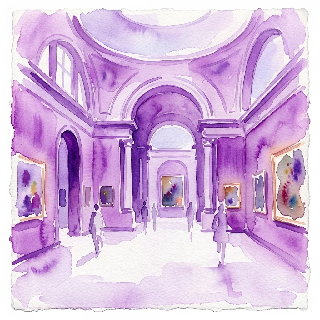 Ilustracja akwarelowa Moderne Galerie w Oranżerii Belwederu, przedstawiająca wielką galerię z łukowymi sufitami, kolumnami i wystawionymi pracami abstrakcyjnymi, wykonana w odcieniach fioletu.