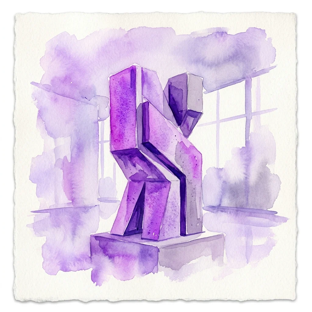 Una ilustración en acuarela de una escultura geométrica morada sobre un pedestal, sobre un fondo de galería con lavados morados suaves y reflejos de ventana.