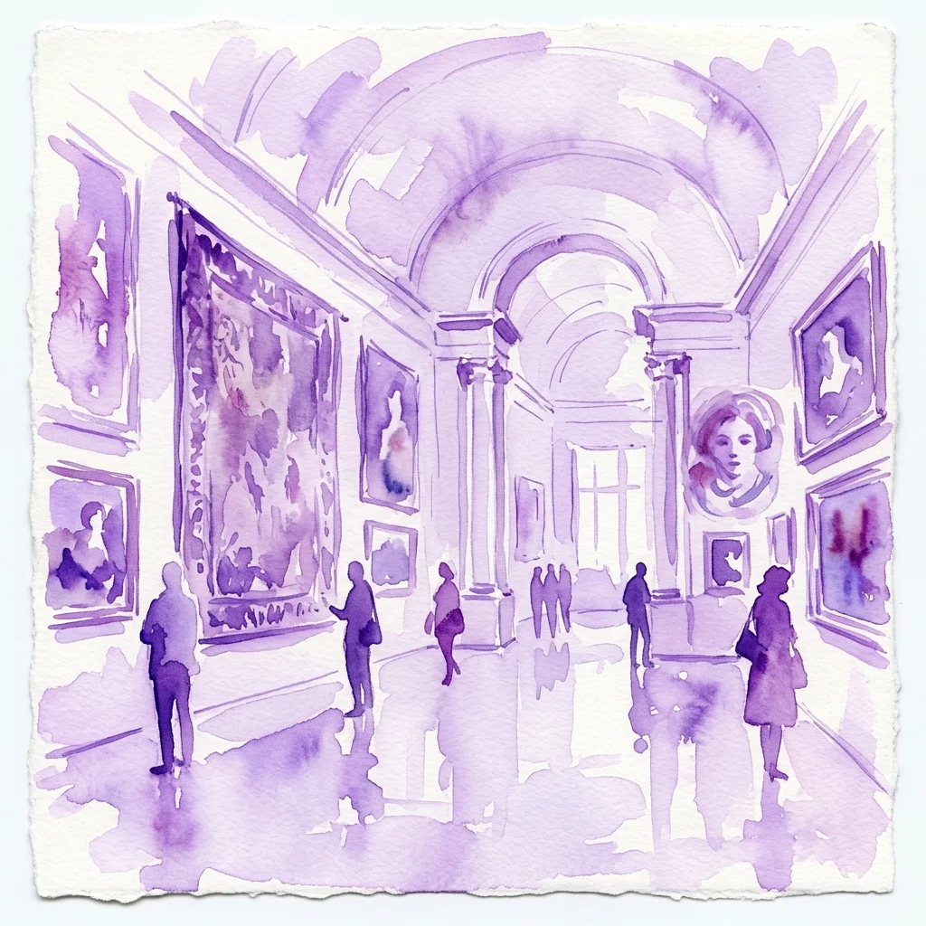 Ilustracja akwarelowa galerii muzealnej z odwiedzającymi oglądającymi dzieła sztuki na ścianach, charakteryzująca się klasyczną architekturą i fioletową kolorystyką.