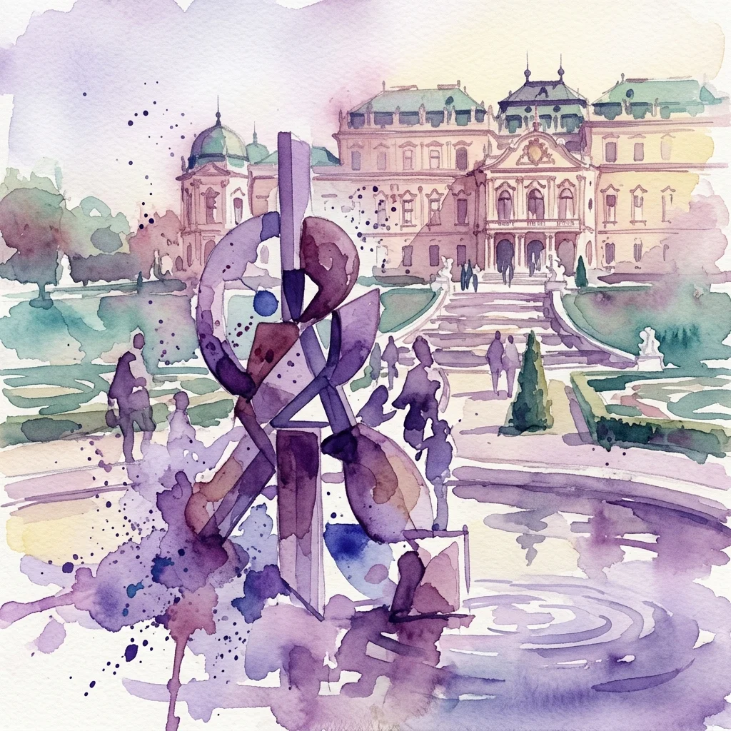 Una ilustración en acuarela de una instalación de escultura contemporánea en los jardines del Palacio Belvedere, con formas abstractas y visitantes, sobre el fondo de la arquitectura barroca del palacio.