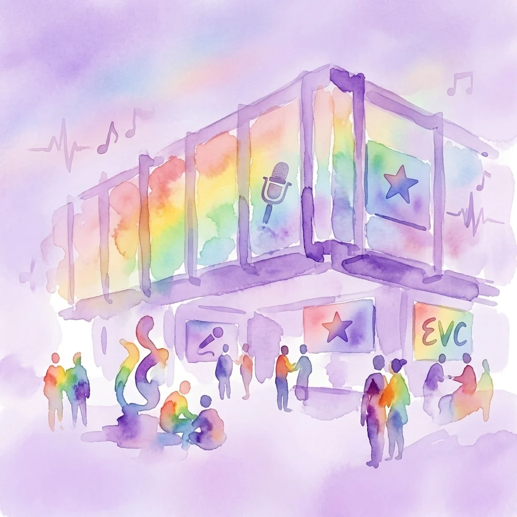 Una ilustración en acuarela del Belvedere 21 con ventanas de colores del arcoíris que presentan símbolos de Eurovisión como un micrófono y una estrella, rodeado de diversas figuras en un ambiente festivo.