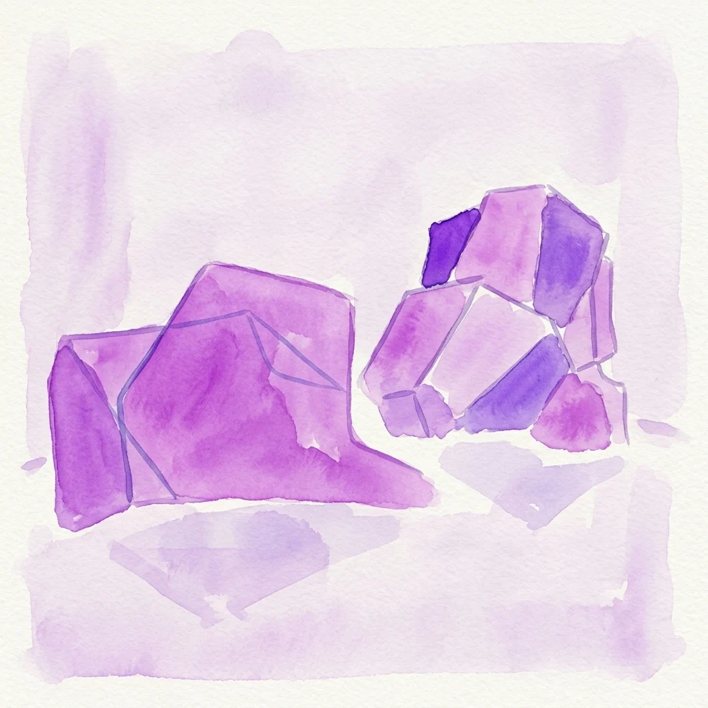 Ilustracja akwarelowa przedstawiająca dwie abstrakcyjne fioletowe rzeźby geometryczne, reprezentujące style artystyczne Rolanda Goeschla i Fritza Wotruby w scenerii galerii.