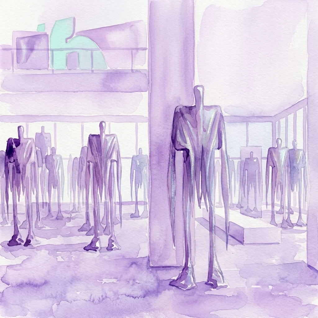 Ilustracja akwarelowa wystawy Sandry Mujingi „Skin to Skin” w Belvedere 21, przedstawiająca półprzezroczyste, abstrakcyjne figury rzeźbiarskie w minimalistycznej przestrzeni galerii w odcieniach fioletu i turkusu.