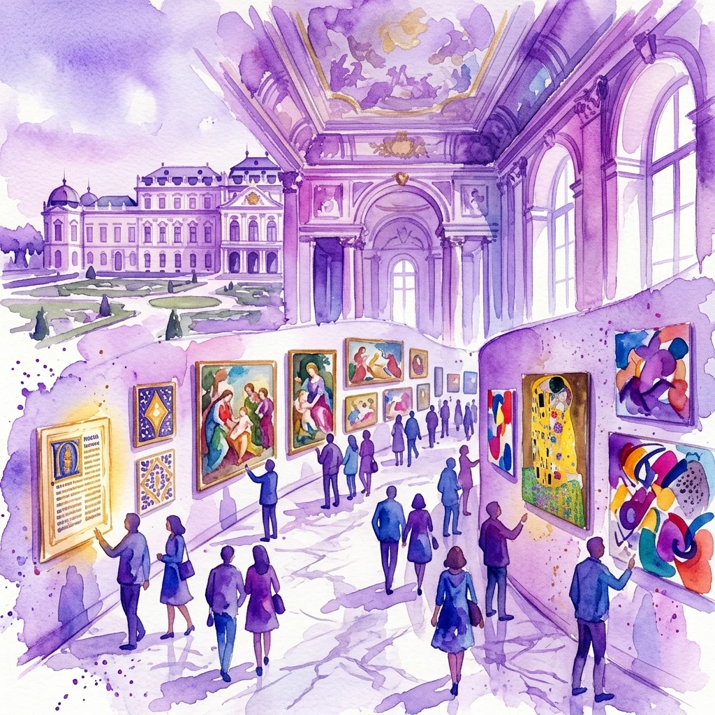 A watercolor illustration of the Belvedere Palace's interior gallery, showcasing a diverse collection of artworks from different eras, with visitors observing paintings including a prominent Klimt-style piece, set against the backdrop of the palace exterior.