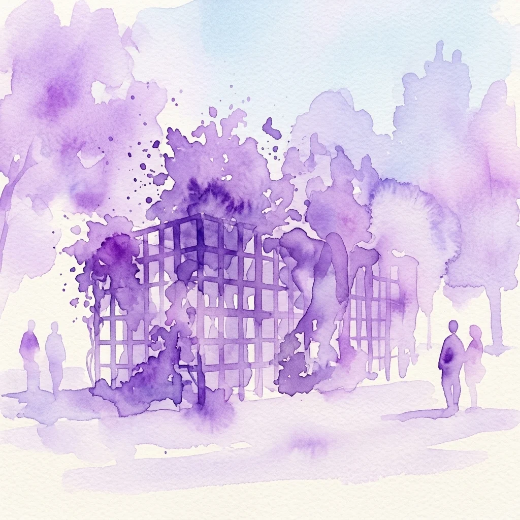 Watercolor illustration of a contemporary art installation featuring large grid-like structures and silhouetted figures amidst purple and lavender foliage, evoking a sense of natural elements integrated with art.