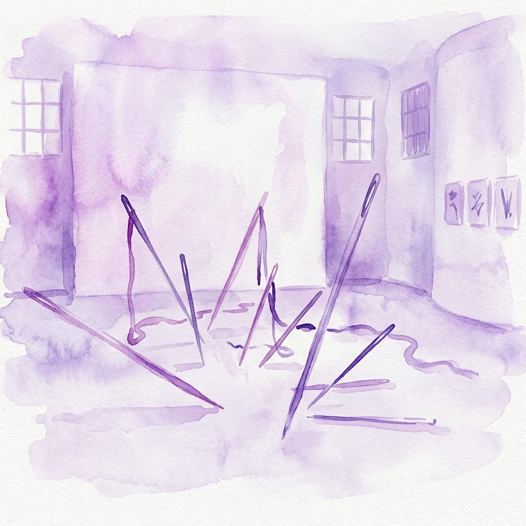 Een aquarelillustratie van een galerie met paarse tinten, met grote naalden op de vloer en ingelijste kunstwerken aan de muur, die de Stellprobe-tentoonstelling in Belvedere 21 vertegenwoordigt.
