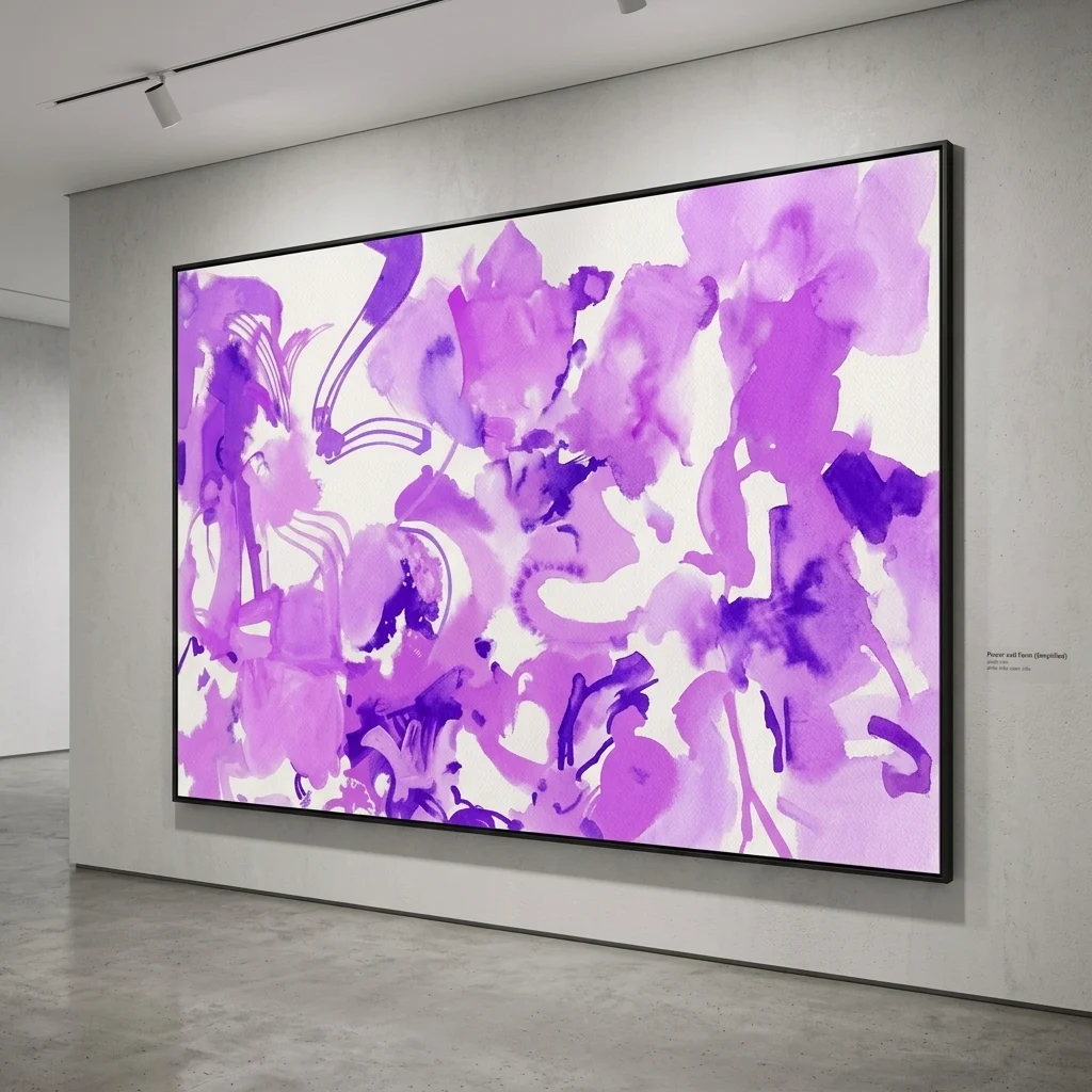 Una gran pintura abstracta con audaces pinceladas púrpuras y magenta expuesta en un espacio de galería moderno en Belvedere 21.