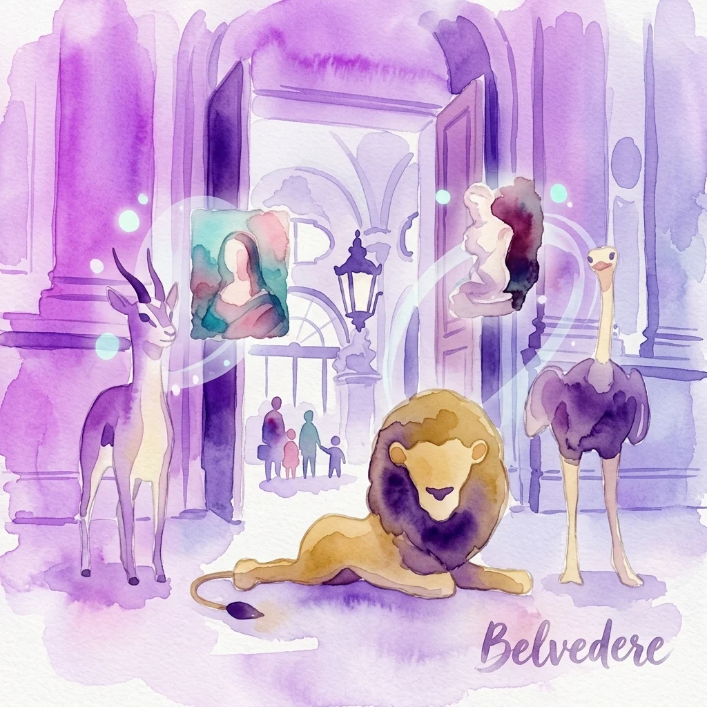 Kapryśna ilustracja akwarelowa stylizowanych zwierząt, takich jak lew, antylopa i struś, eksplorujących galerię muzealną z klasycznymi dziełami sztuki, będąca częścią wystawy The Fantastic Palastics: Mission Museum w Belvedere.