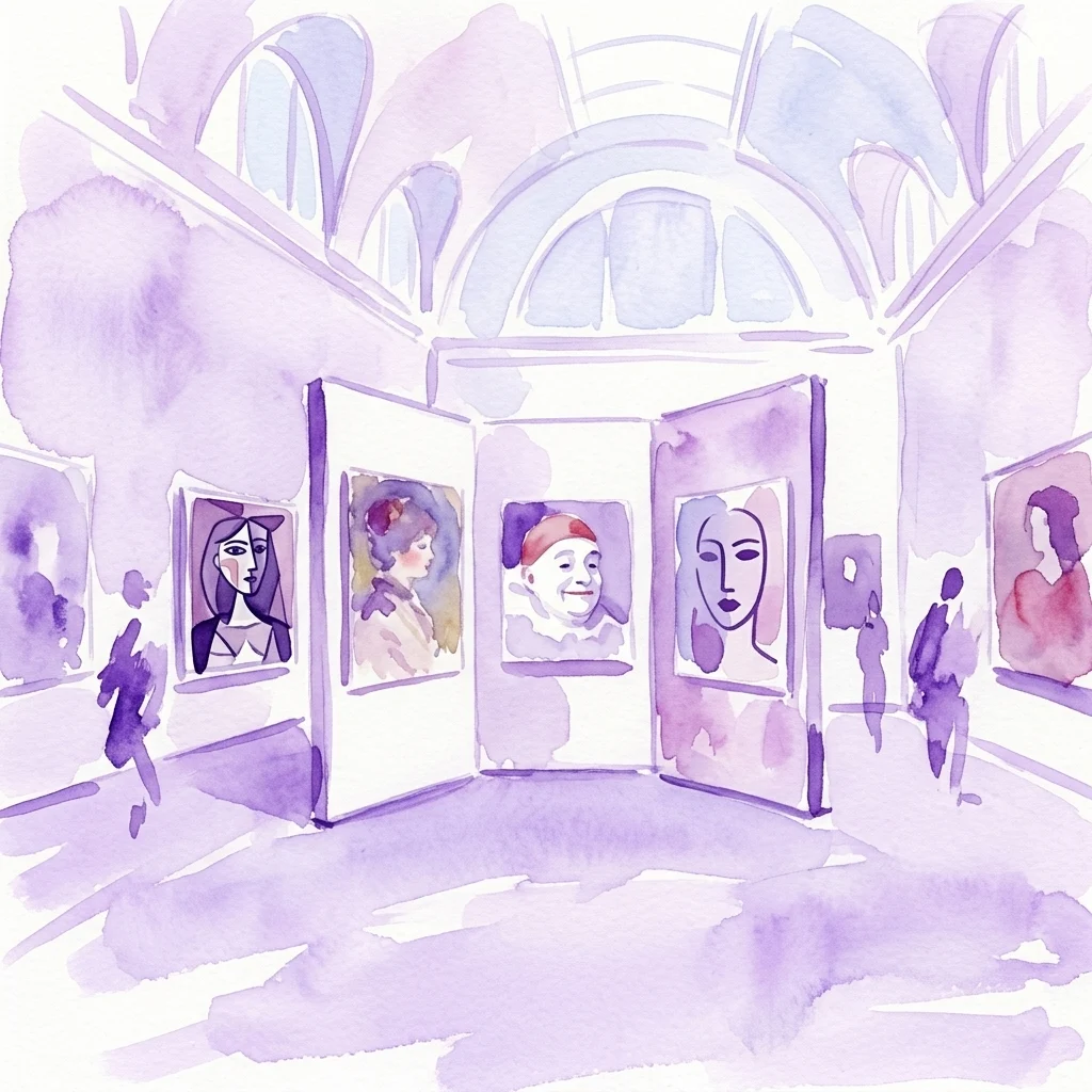 Watercolor illustration of a museum gallery with modern art portraits on display, featuring diverse styles and visitors viewing the artwork under arched ceilings.