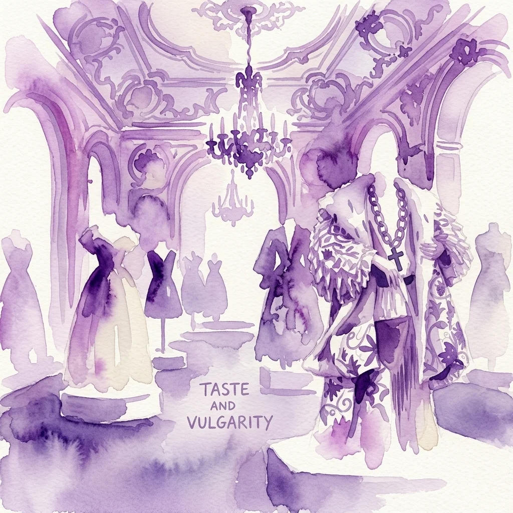 Ilustracja akwarelowa wystawy mody we wnętrzu w stylu barokowym, przedstawiająca manekiny w strojach haute couture z wyraźnie wyeksponowanym napisem 'TASTE AND VULGARITY'.