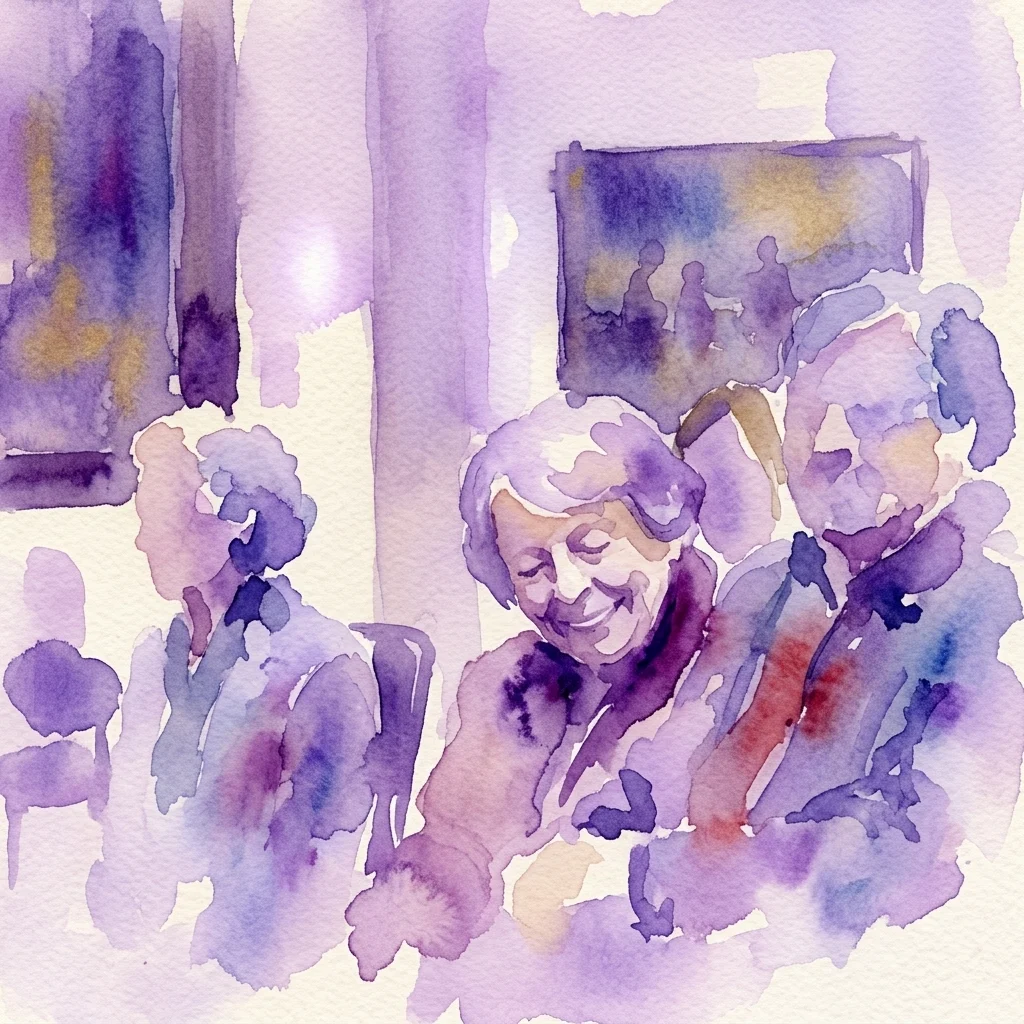 Ilustracja akwarelowa przedstawiająca zróżnicowaną grupę ludzi, w tym osoby starsze i opiekunów, obcujących ze sztuką w muzeum, przekazująca poczucie wspólnego doświadczenia i więzi emocjonalnej.