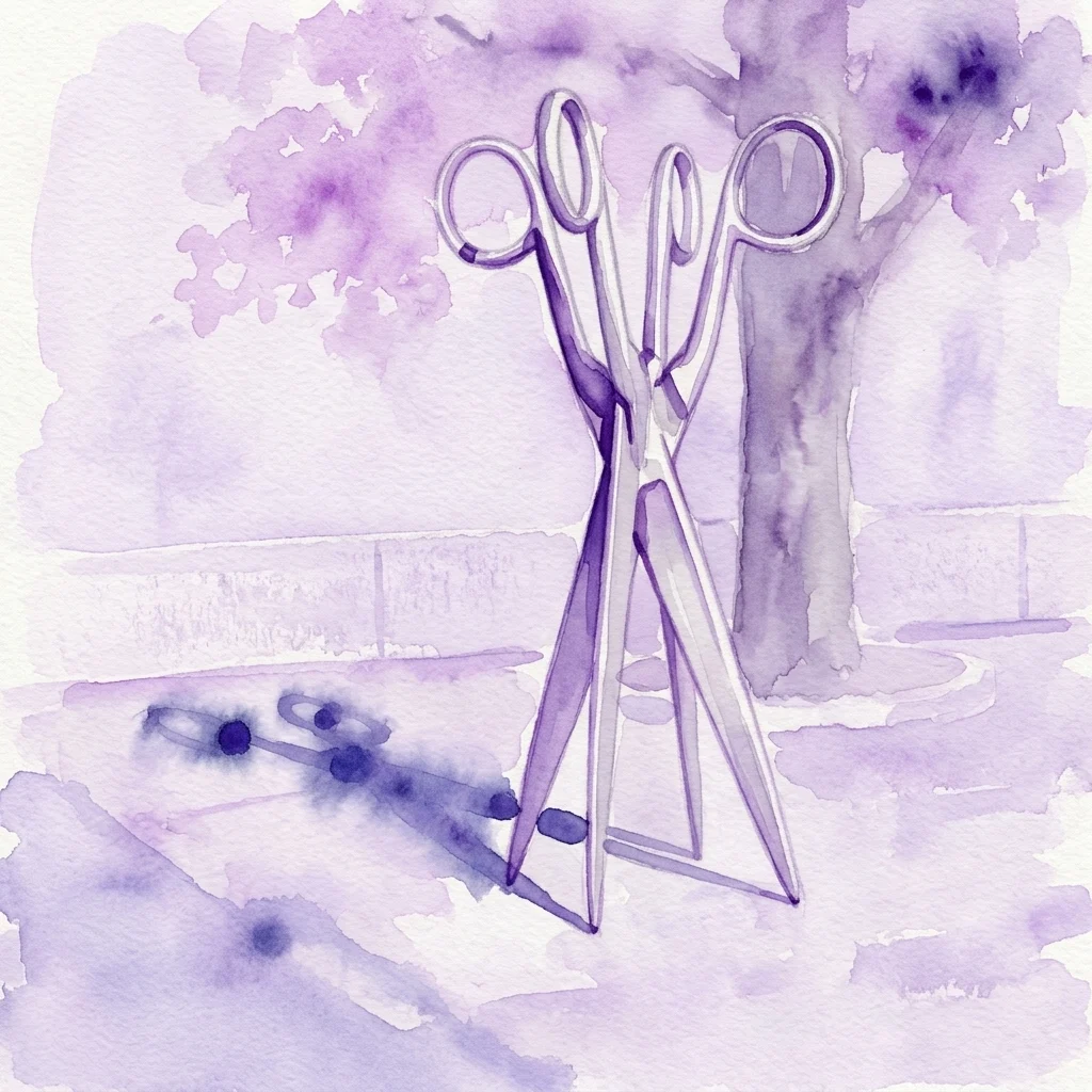 A watercolor illustration of two large scissors in a purple and white abstract style, representing VALIE EXPORT's artwork 'Die Doppelgängerin' from her exhibition at Belvedere.