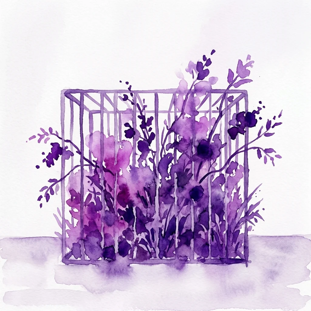 Ilustracja akwarelowa fioletowej żelaznej klatki wypełnionej dziką, zarośniętą roślinnością, przedstawiająca dzieło Lois Weinberger 'Wild Cube' w Belvedere.