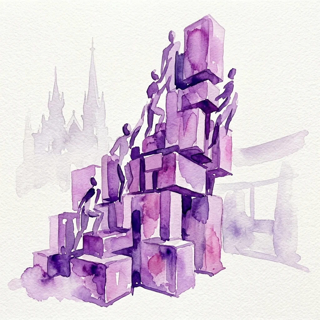 Waterverfillustratie van een abstract sculptuur met paarse geometrische vormen en opstijgende menselijke figuren, tegen een vage Weense stadsgezicht met kerktorens.