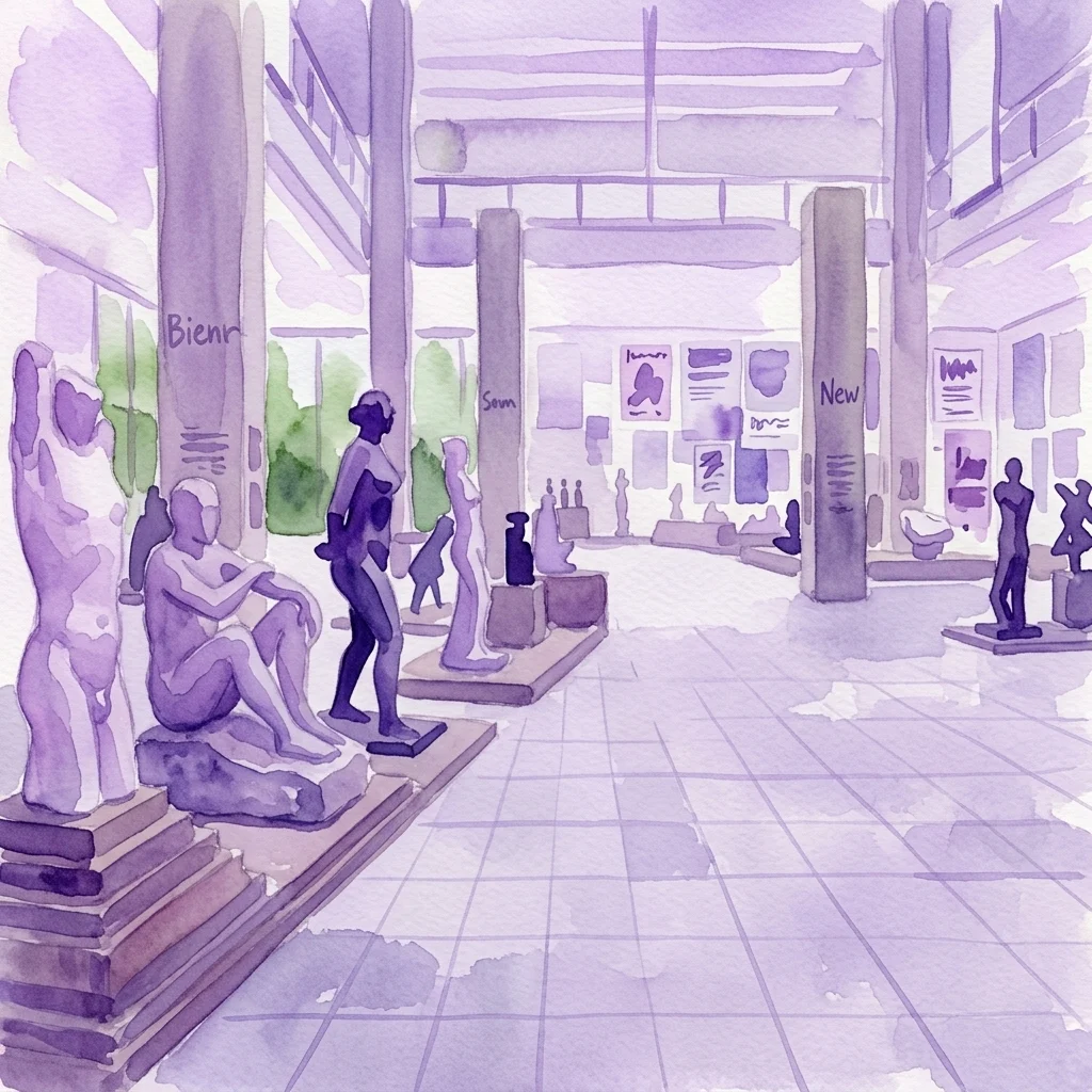 Ilustracja akwarelowa wystawy Wotruba International w Belvedere 21, przedstawiająca abstrakcyjne rzeźby Fritza Wotruby i innych artystów modernistycznych, z plakatami wystawowymi i ekspozycjami biograficznymi w tle.
