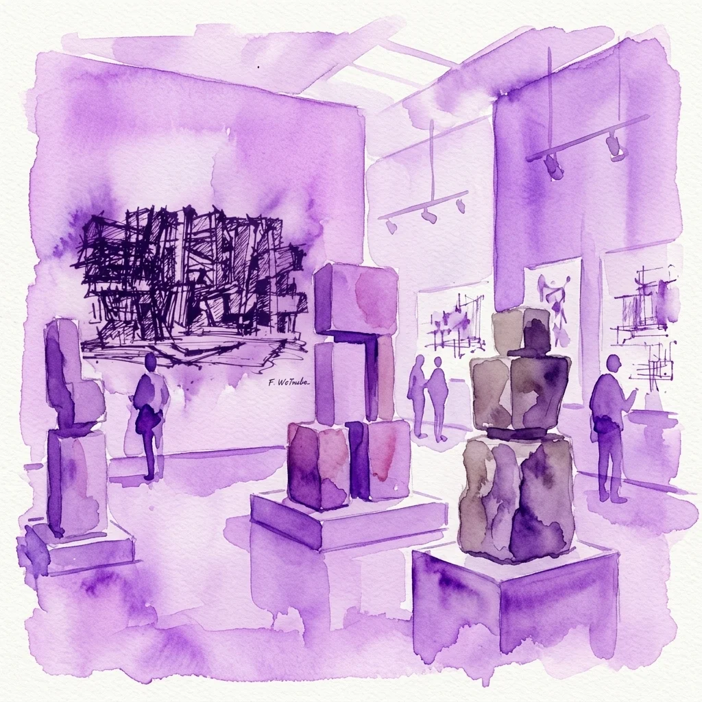 Waterverfillustratie van een moderne kunstexpositie met geometrische sculpturen en tekeningen van Fritz Wotruba, tentoongesteld in een galerie met paarse tinten en bezoekers die de kunstwerken bekijken.