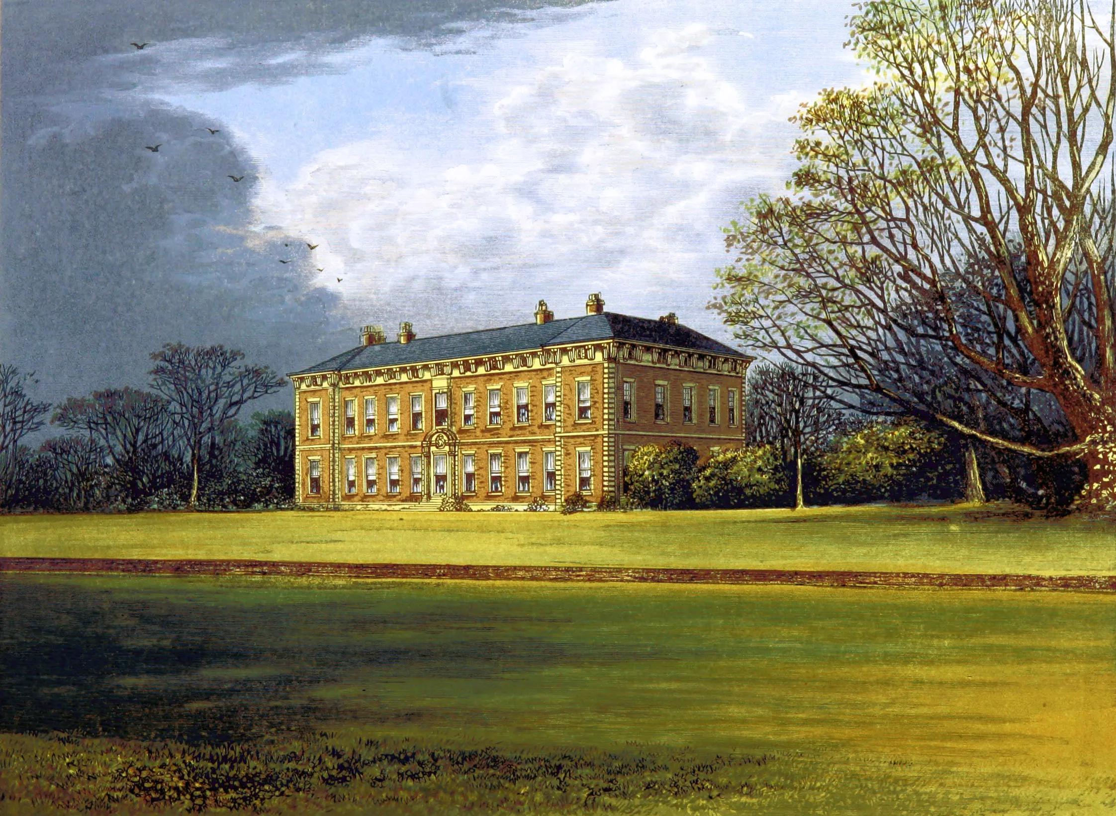 Historical colour illustration of Beningbrough Hall, a large red-brick country house viewed across a wide green lawn with a large tree on the right under a dramatic cloudy sky.