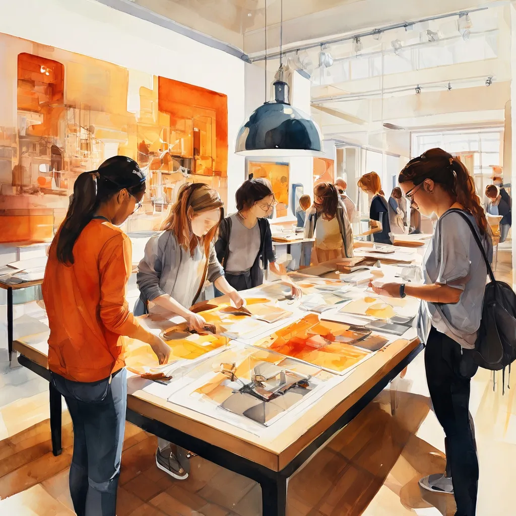 Un grupo diverso de estudiantes o jóvenes profesionales colaborando en una oficina de museo luminosa y moderna, con planos arquitectónicos o diseños de exposiciones sobre una mesa, simbolizando una pasantía de museo en el Museo Bíblico.