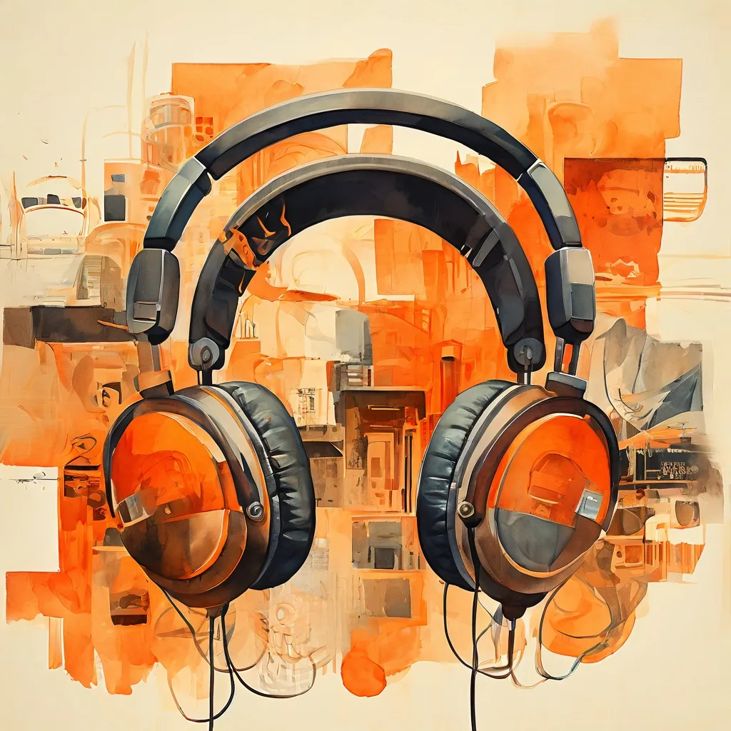 Een koptelefoon met audiogolven over een subtiele achtergrond van abstracte elementen geïnspireerd op oude teksten en diverse vrouwelijke figuren, die de podcast van het Bijbels Museum over bijbelse vrouwen vertegenwoordigt.