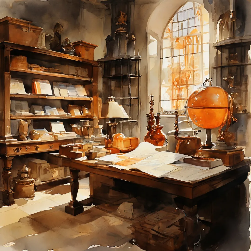 Een abstracte weergave van museumcollectieobjecten, zoals antieke boeken en artefacten, die zorgvuldig worden georganiseerd of klaargemaakt voor overdracht, wat het ontzamelingsproject van het Bijbels Museum symboliseert, zoals beschreven in hun nieuwe publicatie.