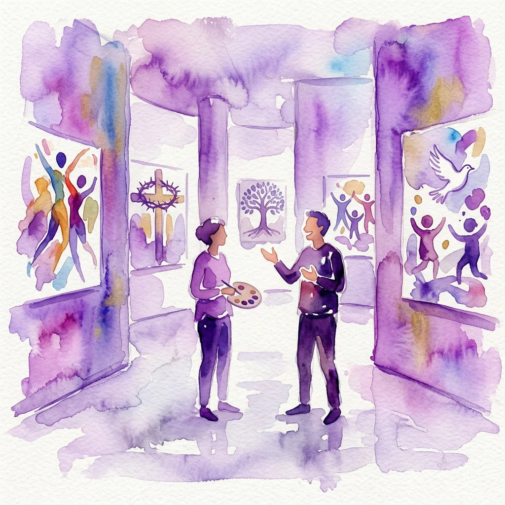 Twee kunstenaars, Eva Spierenburg en Cecilia Rebergen, gingen in gesprek in een galerie met kunstwerken met bijbelse thema's zoals een kruis, levensboom en duiven.