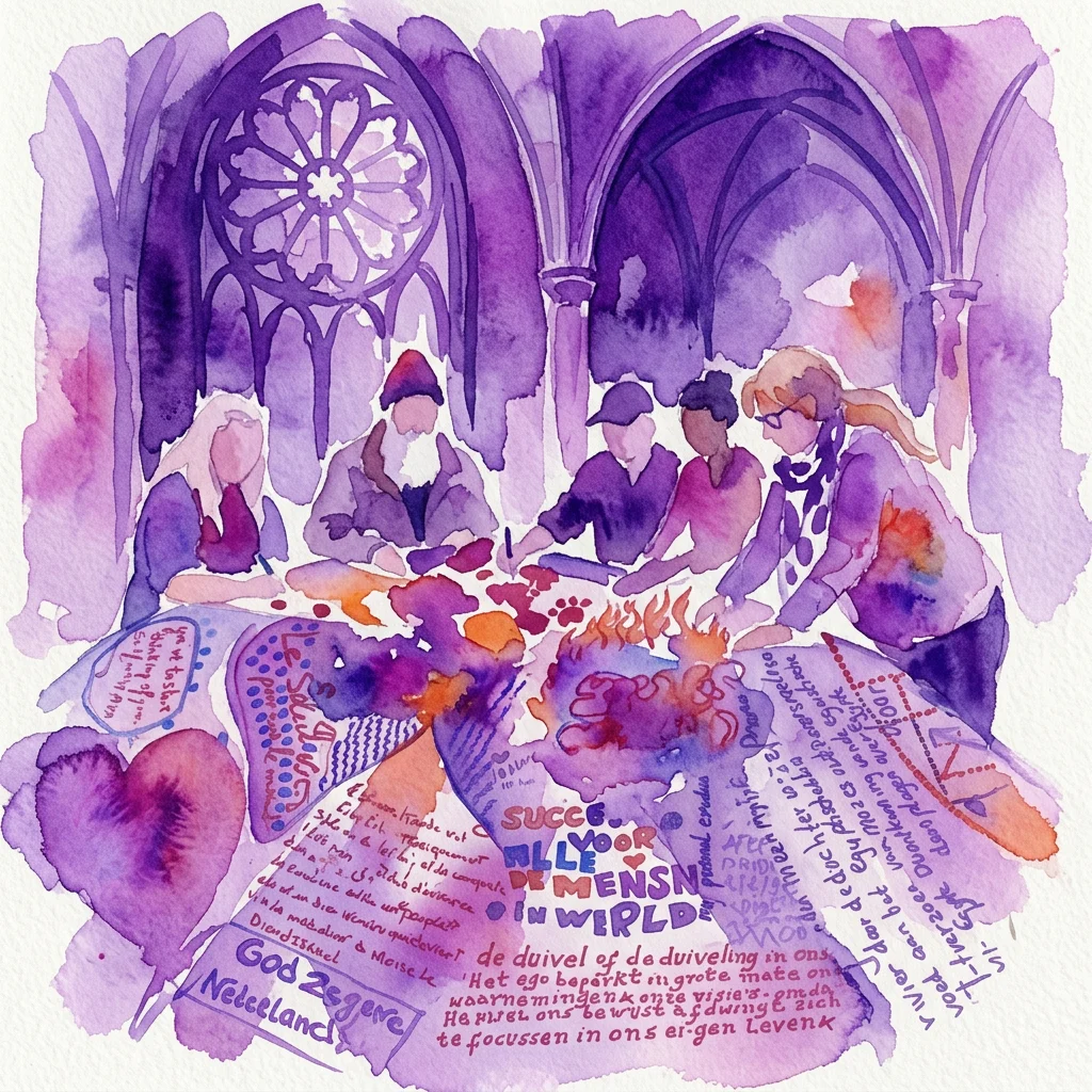 A watercolor illustration of a collaborative art-making session in a historic church, with diverse individuals creating a large textile artwork on the floor, surrounded by purple and orange hues and handwritten text.