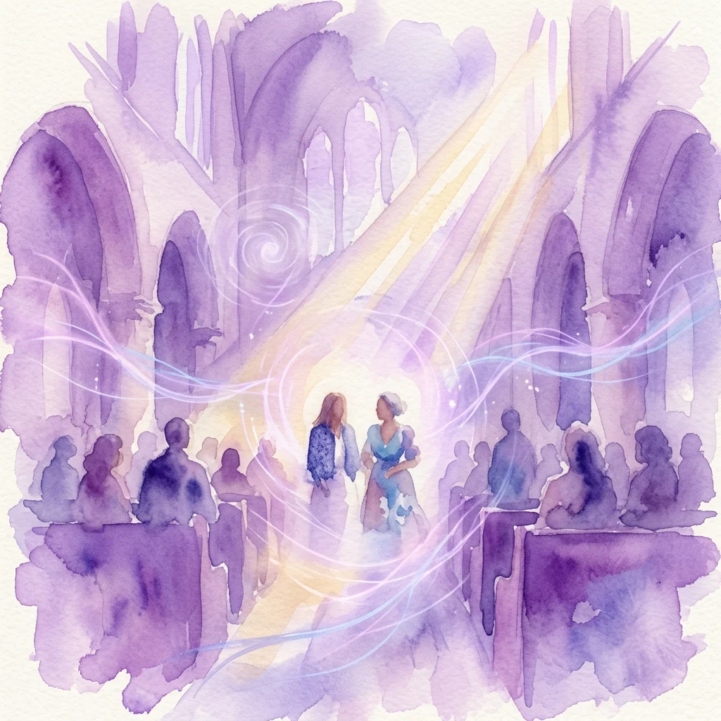 Una ilustración en acuarela de un evento místico en el interior de una gran iglesia, con dos mujeres en el centro rodeadas de rayos de luz y patrones de energía, representando una reunión espiritual.