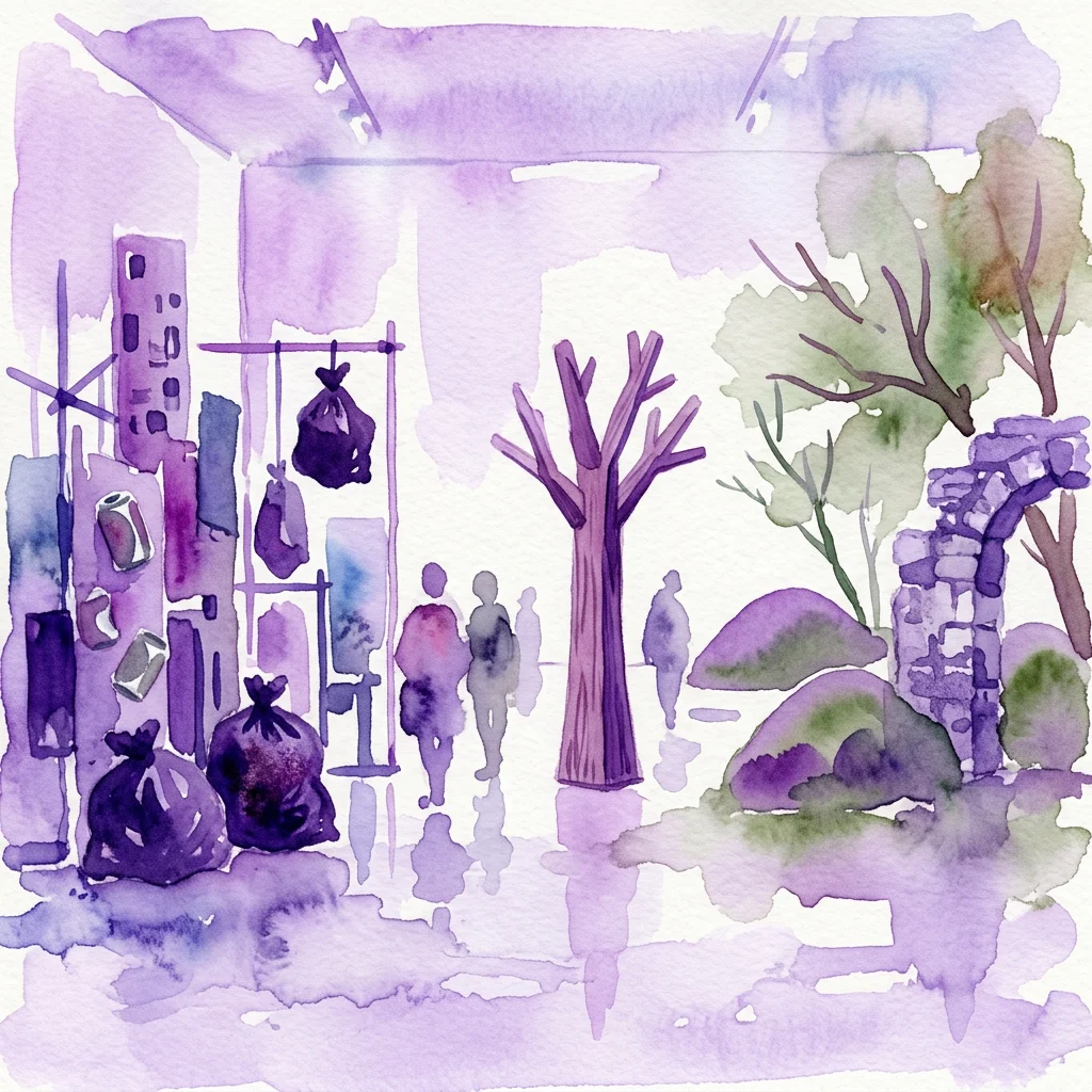 Een aquarelillustratie van de tentoonstelling 'Sideway Scenery' van Anna Lange, die een surrealistisch landschap afbeeldt waarin stedelijk afval zoals vuilniszakken en blikjes wordt vermengd met natuurlijke elementen zoals bomen en ruïnes, weergegeven in paarse en groene tinten.