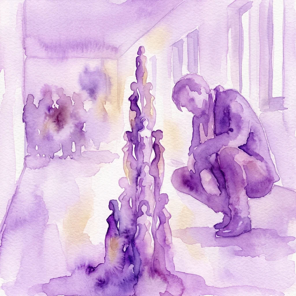 Een aquarelillustratie van Marieke Ploeg's kunstinstallatie 'Asjera’s terugkeer', met een centrale kolom van kleine vrouwelijke beeldjes en een hurkende figuur, uitgevoerd in paarse en gele tinten.