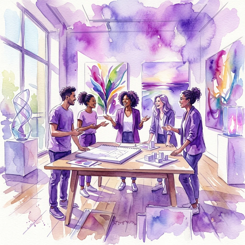 Una ilustración en acuarela de diversos curadores jóvenes colaborando alrededor de una mesa en una galería de arte moderna, rodeados de obras de arte contemporáneas y maquetas de diseño.