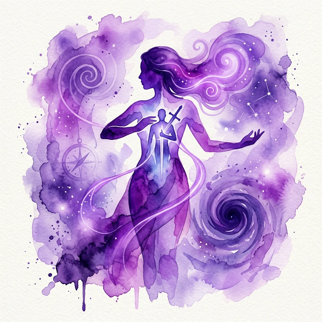 Una ilustración en acuarela de la silueta de una mujer con una figura masculina en su interior, rodeada de remolinos morados, estrellas y una brújula, simbolizando el concepto junguiano del Animus.