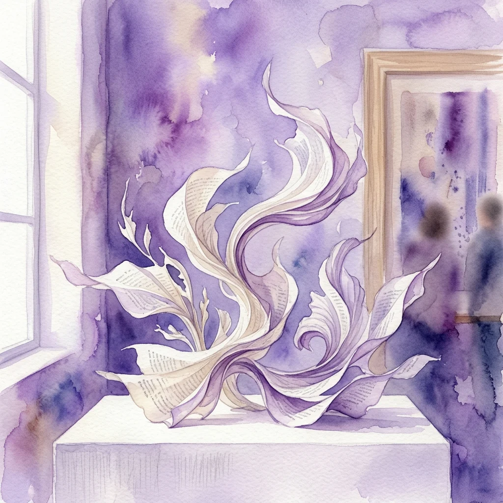 Escultura de papel intrincada hecha de papel bíblico delgado y translúcido, que se asemeja a formas florales fluidas, expuesta sobre un pedestal en una galería con iluminación suave y fondo de acuarela púrpura.