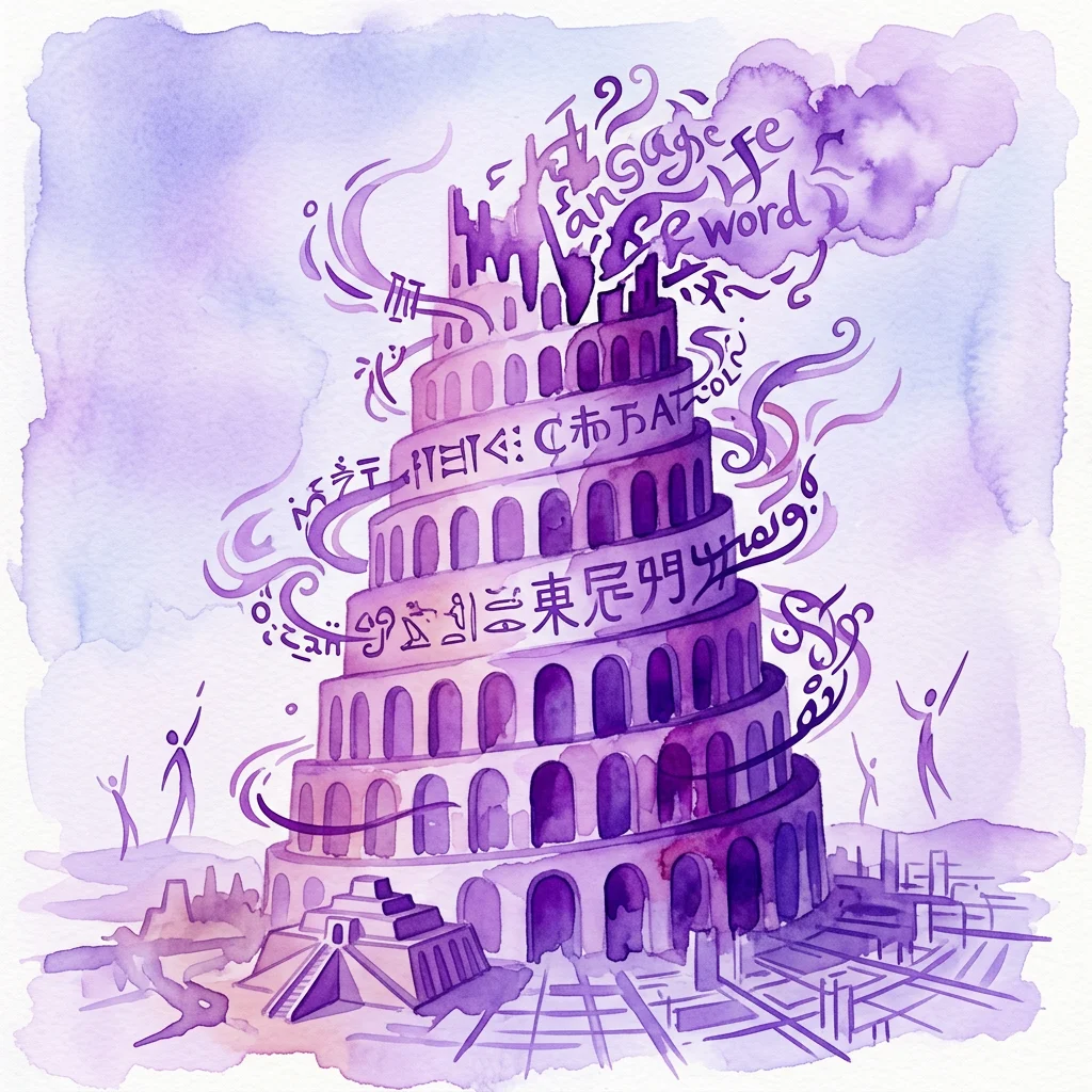 Een paarse aquarelillustratie van de Toren van Babel met wervelende tekst in verschillende talen, die diverse communicatie en menselijke ambitie symboliseert.