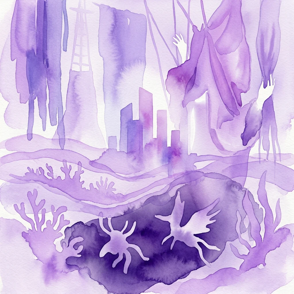 Een paarse aquarelillustratie die een stadsgezicht afbeeldt dat oprijst uit een onderwaterlandschap met koraal en fantastische wezens, ter representatie van de tentoonstelling 'Uit het niets' over mythen van Almere.