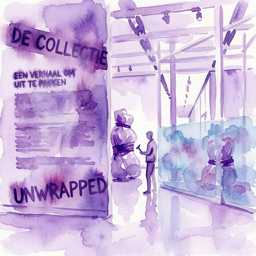 Watercolor illustration of an art gallery with wrapped sculptures and a visitor, featuring the text 'DE COLLECTIE' and 'UNWRAPPED' in purple tones.