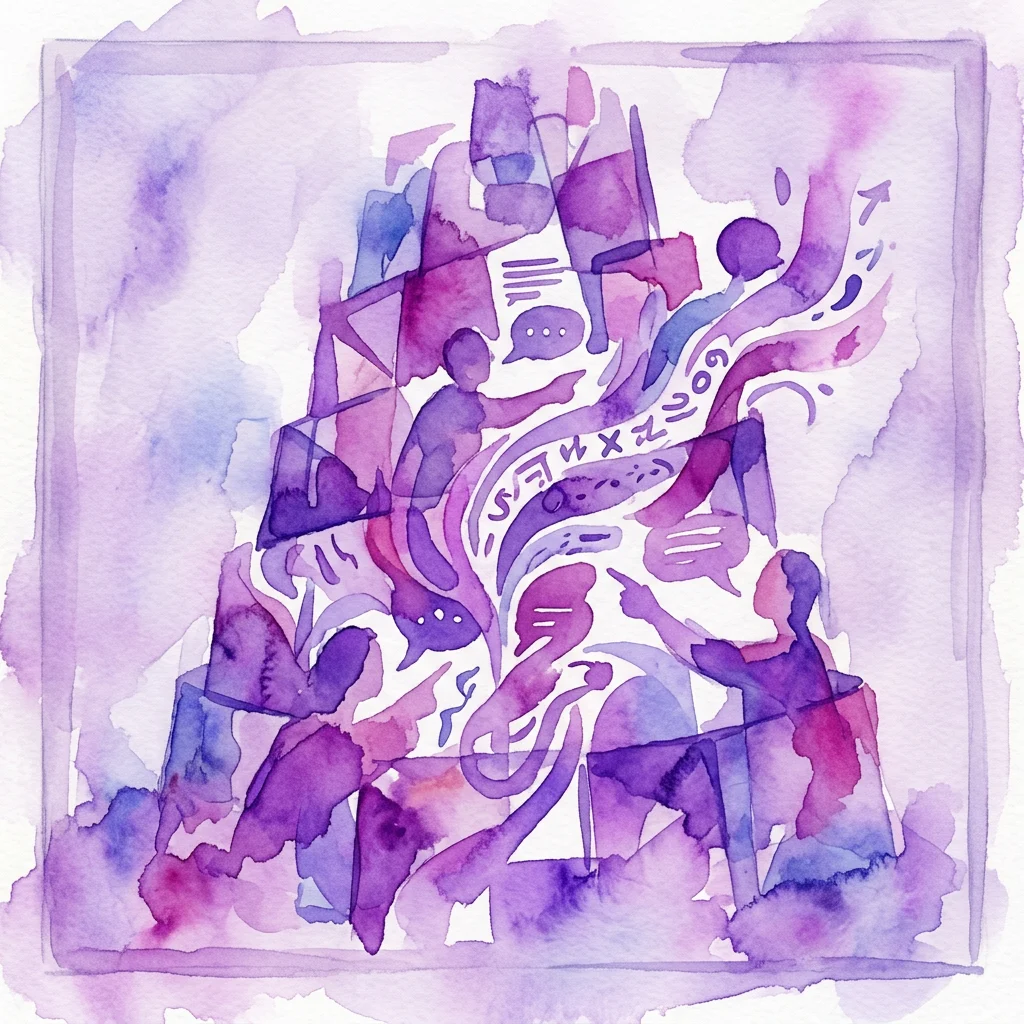 Obra de arte abstracta en acuarela que representa figuras, bocadillos de diálogo y texto fragmentado en tonos morados y azules, alusiva a la Torre de Babel y su temática de comunicación y falta de ella.