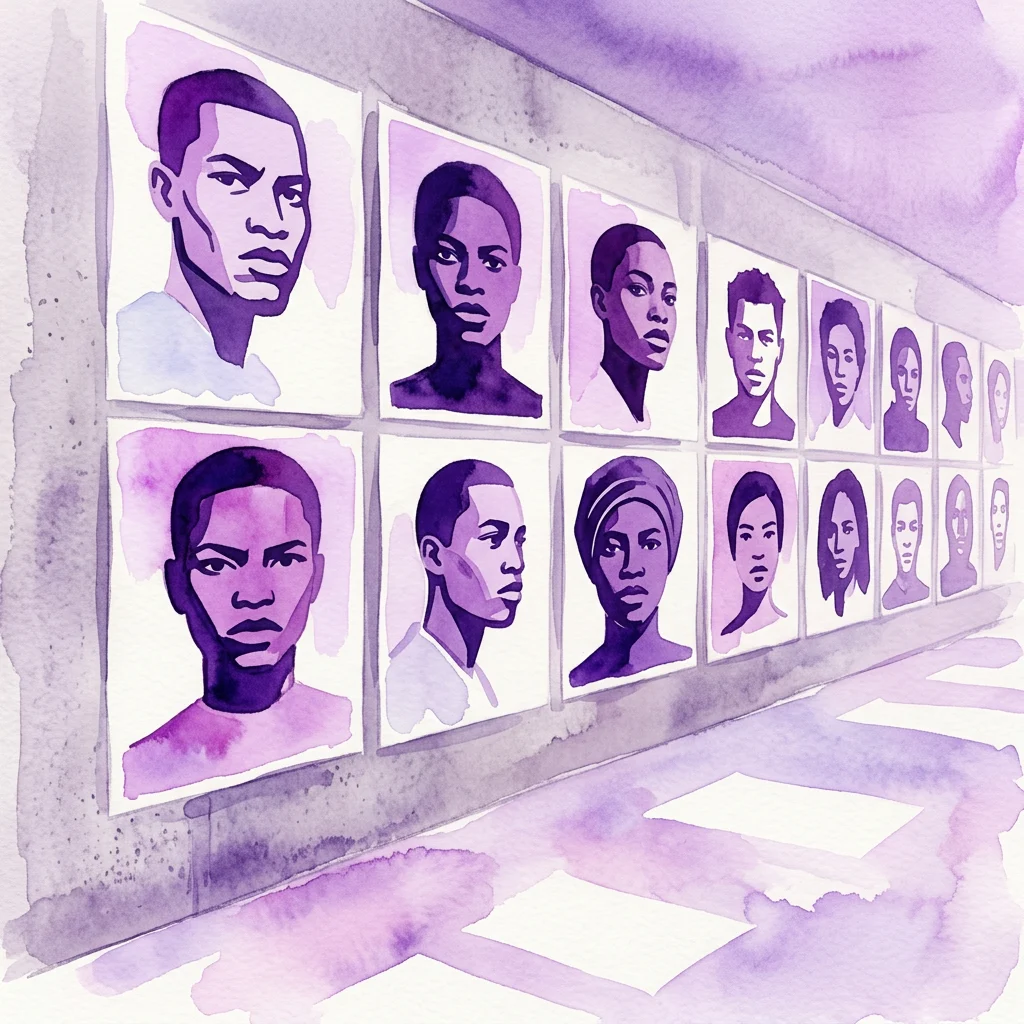 A series of purple-toned woodcut portraits of diverse faces displayed on a wall, part of the art project 'A Paper Monument for the Paperless' by Domenique Himmelsbach de Vries.