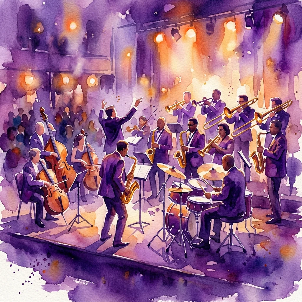 Una vibrante ilustración en acuarela de una orquesta de jazz actuando en el escenario, con instrumentos de viento, madera y cuerda bajo una cálida iluminación escénica, celebrando el 100 aniversario de The Ramblers.