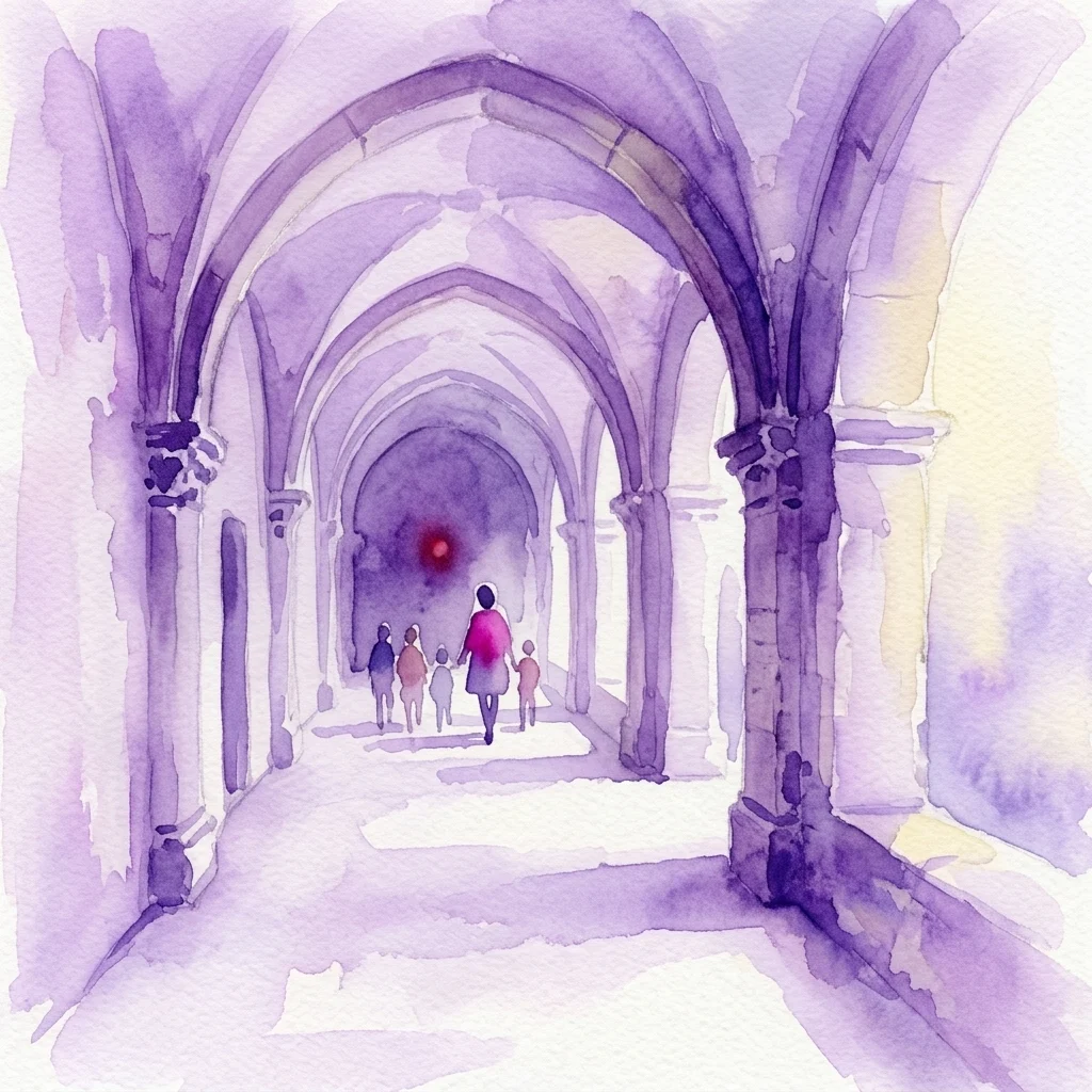 A watercolor illustration of a guided tour group walking through the arched cloister hallway of a historic monastery, with a tour guide leading the way.