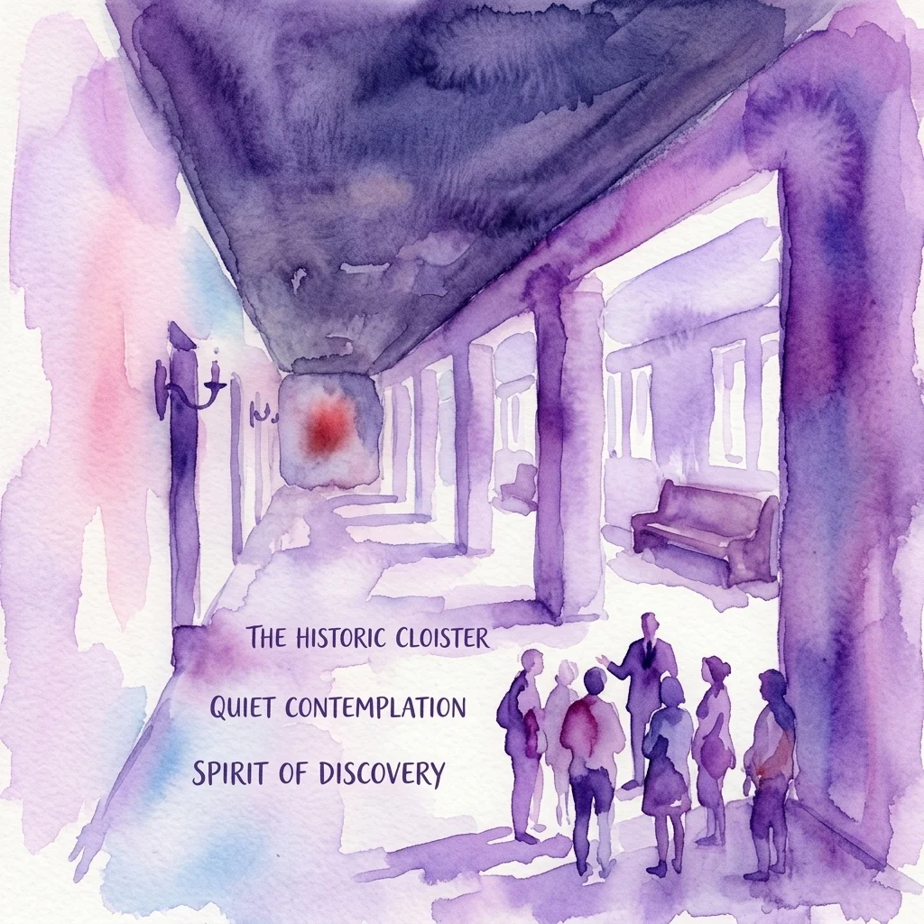 A watercolor illustration of a guided tour group exploring the historic cloister of a former monastery, with text overlay describing the scene as a place of quiet contemplation and discovery.