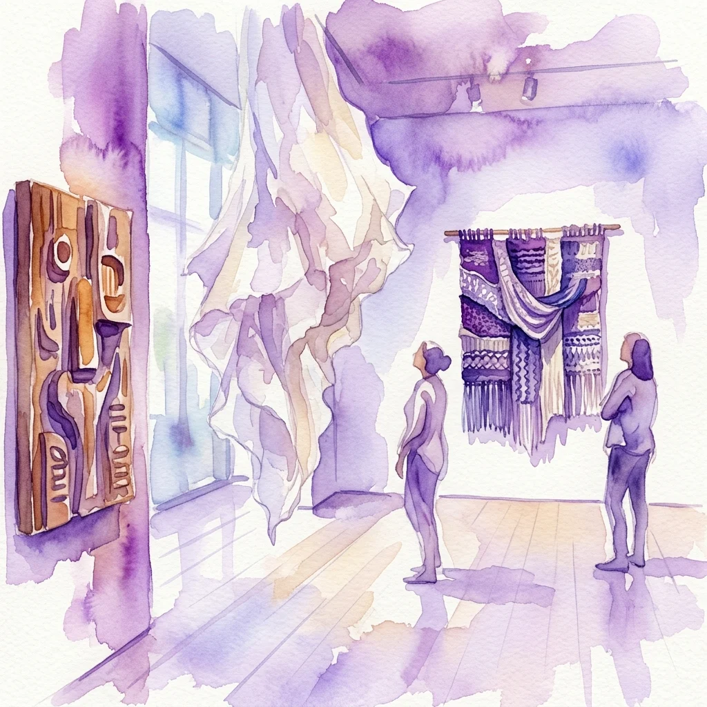 Watercolor illustration of a modern art gallery interior with diverse artworks, including a wooden relief sculpture, a large papery installation, and a textile wall hanging, illuminated by soft natural light.