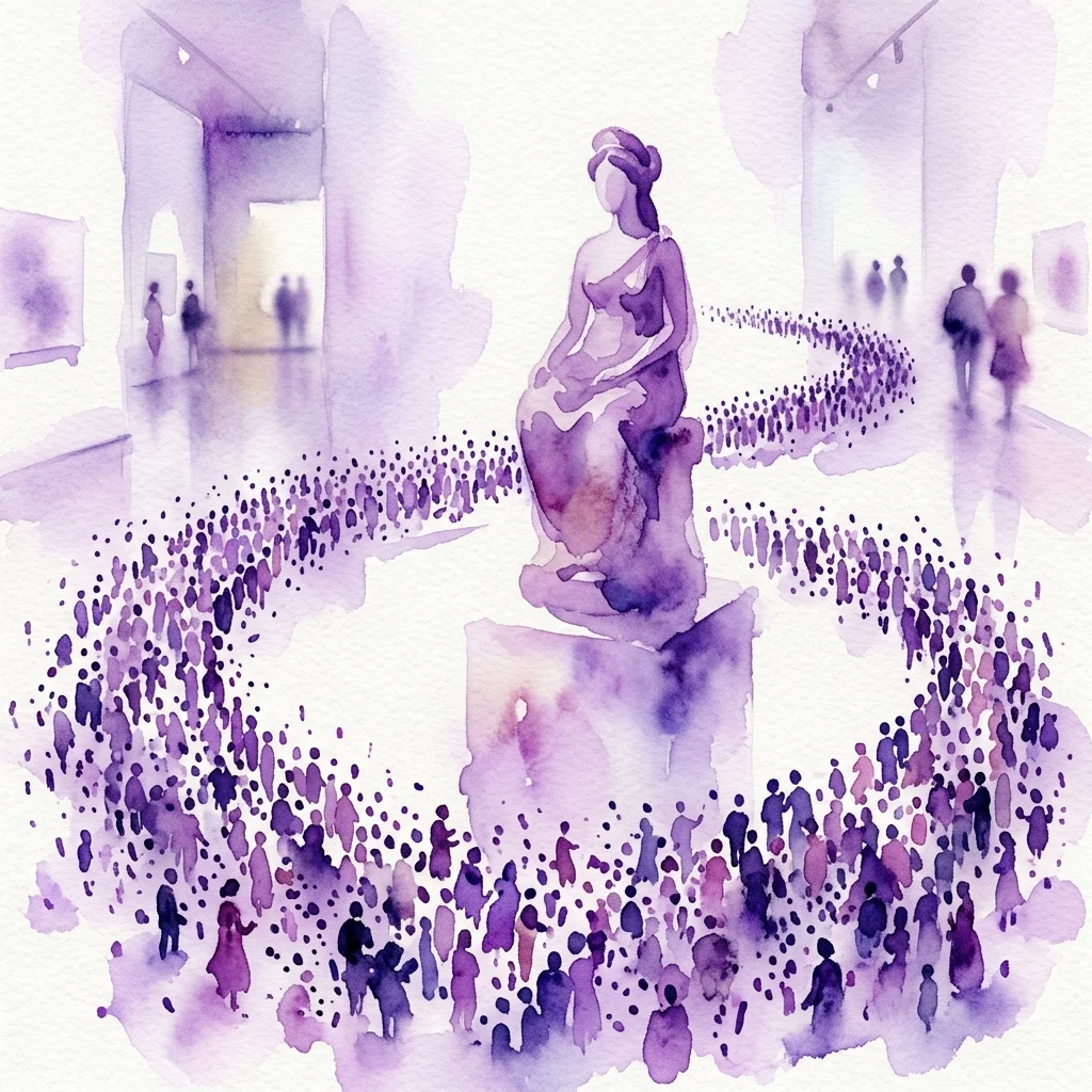 A watercolor illustration of a ceramic sculpture of a goddess surrounded by a procession of small figures in a gallery space, representing the artwork 'Asjera's terugkeer' by Marieke Ploeg.